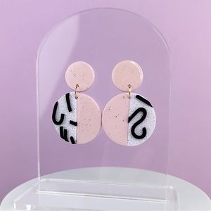 Funky Abstract Handmade Polymer Clay Round Half Design Dangle Earrings